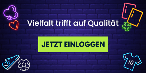 Neon-Symbole für Sport und Glücksspiel umgeben den Login Hinweis Vielfalt trifft auf Qualität