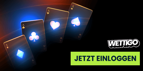 Schwebende Spielkarten mit Leuchteffekten neben dem Login Hinweis von Wettigo