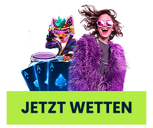 Frau in auffälligem Outfit mit Spielkarten und DJ-Figur vor dem Button Jetzt wetten