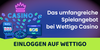 Leuchtende Casino Symbole mit Slotmaschinen und dem Hinweis auf das Spielangebot von Wettigo
