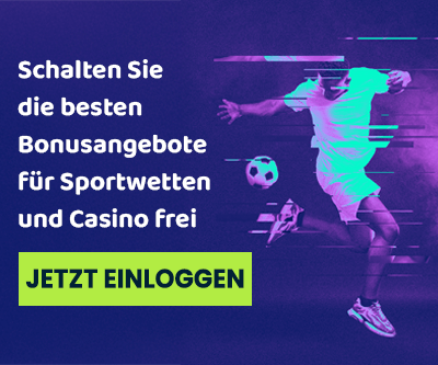 Dynamischer Fußballspieler in Bewegung neben Werbetext für Sportwetten und Casino Bonusangebote