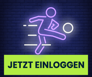 Neonzeichnung eines Fußballspielers in Aktion auf dunklem Hintergrund mit Login Aufruf